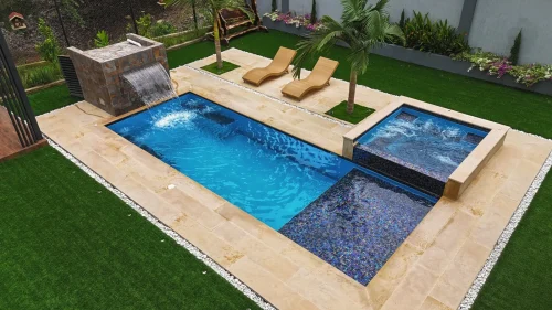 Piscina de fibra de vidrio con cascada, zona de spa integrada y terraza en piedra - Hidrospa